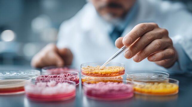 Focused scientist in a lab coat works diligently with colorful petri dishes, using a dropper to explore microbial growth and conduct experiments on various cultures