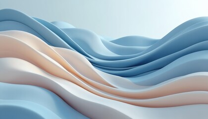 Obraz premium Abstract background with flowing blue, beige waves. Gentle pastel shapes create calm sea sand dune landscape. Soft smooth lines form serene minimal pattern, elegant motion, fluid texture. Graphic