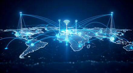 Advanced 5G global communication network with wireless towers and connectivity lines spanning world map. Premium visualization for telecommunications and wireless technology marketing.