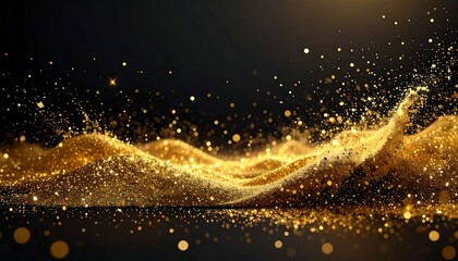 Golden particles stream upward like fluid, illuminated against dark background, with bokeh accents at the base