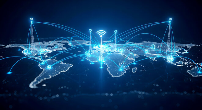 Advanced 5G global communication network with wireless towers and connectivity lines spanning world map. Premium visualization for telecommunications and wireless technology marketing.