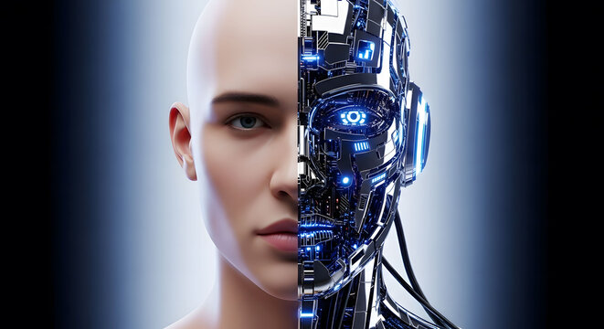 Futuristic human cyborg face split between organic skin and advanced robotic technology with glowing blue circuits. Perfect for AI, digital transformation and transhumanism concept illustrations.