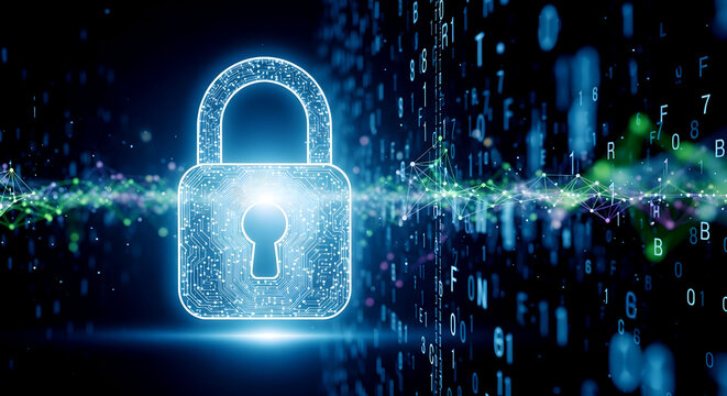  Glowing digital padlock with circuit board design surrounded by flowing data streams and network connections. Premium cybersecurity and data protection visualization for security marketing.