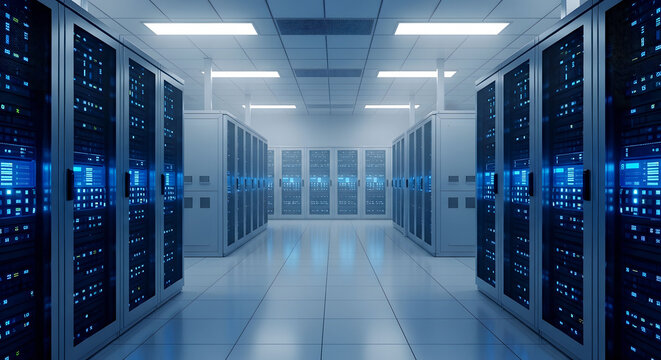 Modern data center server room with illuminated blue server racks in symmetrical perspective. Professional visualization for cloud computing, big data and IT infrastructure marketing.