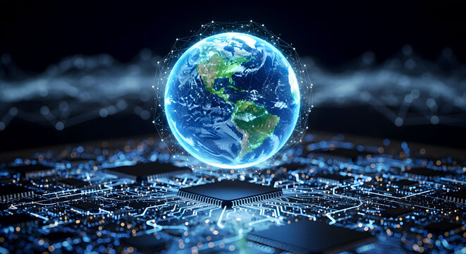 Luminous digital Earth globe with network connections floating above circuit board landscape. Premium visualization for global technology, digital transformation and connectivity concepts.
