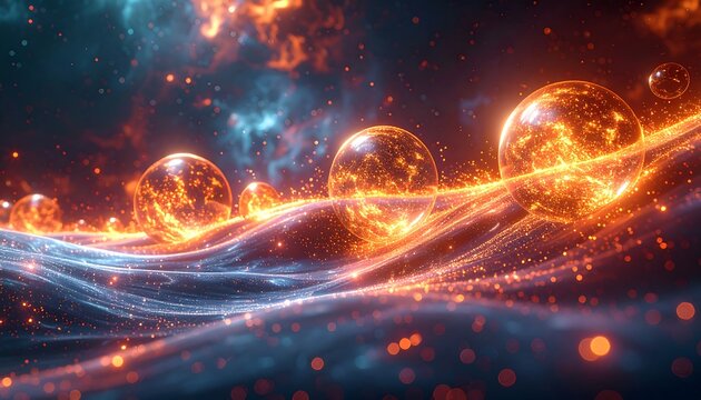 Glowing spheres hover above luminous waves in a cosmic scene with dreamy blue and orange tones