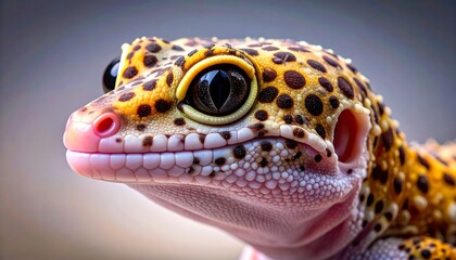 Close-up portrait of a gecko with yellow, brown, and black spots against a blurred neutral background