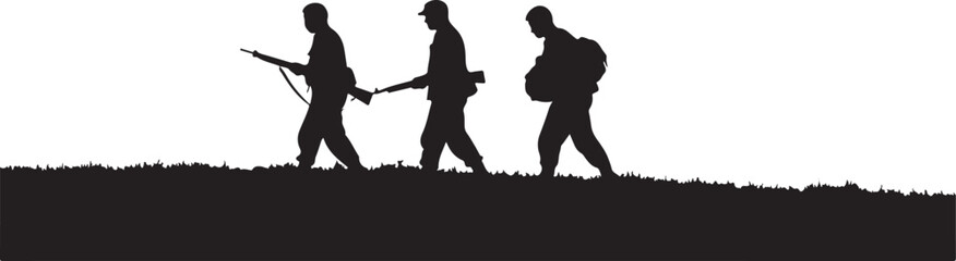 Silhouette of three soldiers walking across a grassy field with rifles