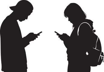 Silhouettes of two young people engrossed in their smartphones, isolated on white