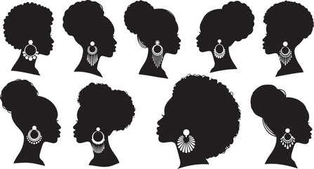 Diverse Black Women Silhouettes with Elegant Earrings and Hairstyles