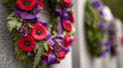 Naklejka premium Wreath poppy remembrance cemetery armistice memorial war tribute with red leaf details purple ribbons displayed in a solemn setting, enhanced by a softly blurred background for a respectful atmosphere