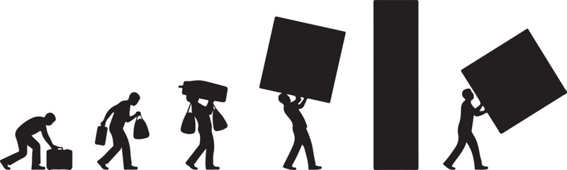 Silhouette of a man's evolution carrying increasing loads, symbolizing progress and effort