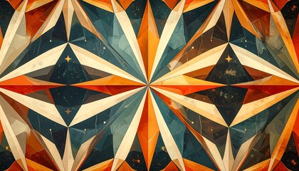 Symmetrical geometric star pattern with warm tones & dark accents creating dynamic fractal-like effect