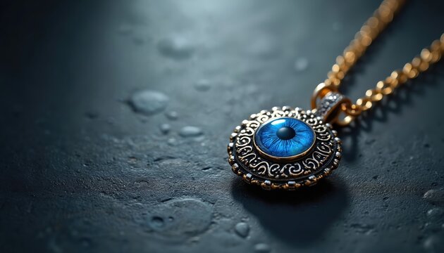 Gold necklace with evil eye protection pendant. Blue nazar amulet charm with intricate design. Ornamental pendant on chain lies on dark surface with water drops. Symbolic jewellery for good luck.