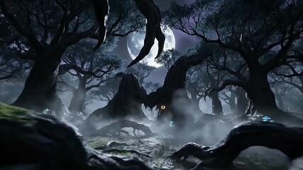 Immerse yourself in a breathtakingly dark and enchanted forest, illuminated by the ethereal glow of a full moon against a cosmic sky. Ancient, gnarled trees with winding branches loom majestically, cr - Powered by Adobe