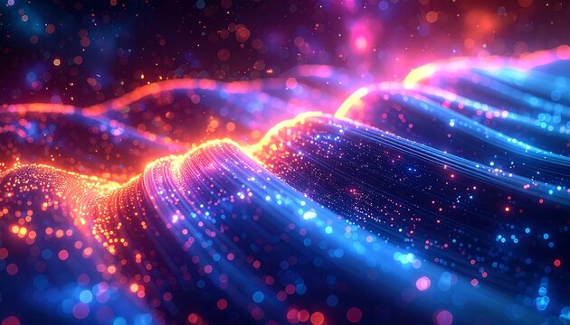 Abstract landscape of flowing waves with luminous blue and red light particles scattered in the dark backdrop