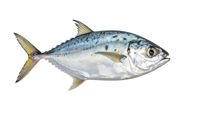 Silver fish with blue-green patterns, yellow tail, isolated on white background, showcasing ocean wildlife form