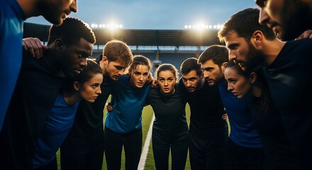 Diverse group of athletes in blue and black uniforms huddle together on a sports field under stadium lights