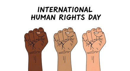 International human rights day with three fists raised in solidarity and diverse skin tones shown