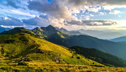 Obraz premium Green and gold mountains under a dramatic cloudy sky