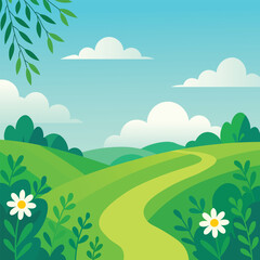 Fototapeta premium Clean Flat Illustration of A bright peaceful summer nature scene with softly rolling green hills resting under a clear blue sky.