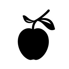 Black and White Apple Illustration with Stem and Leaves in Silhouette Style