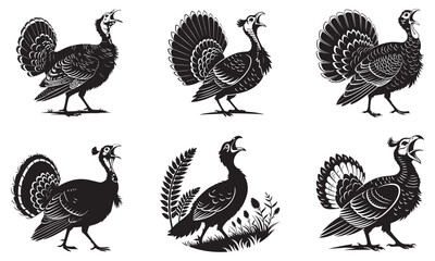 Rustic collection of stylized turkey illustrations in black and white, vintage style art.
