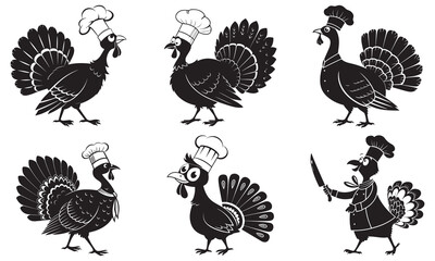 Collection of cartoon turkey chefs wearing traditional hats, perfect for holiday menus or culinary designs
