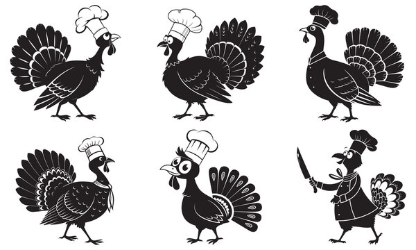 Collection of cartoon turkey chefs wearing traditional hats, perfect for holiday menus or culinary designs