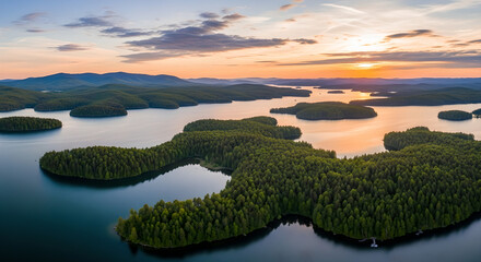 Sunset Lake Islands Aerial Forest Landscape Golden Hour