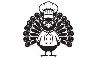 Cartoon turkey chef mascot illustration in black and white for culinary and holiday themes.
