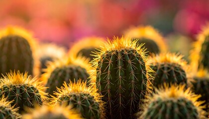 Sunlit cactus patch shows spines glowing, pink background creating vibrant contrast in the desert garden