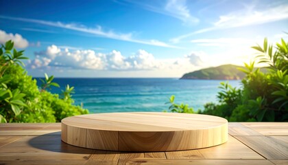 Obraz premium Round wooden platform on planks with vibrant ocean, green trees, blue sky and sunshine background