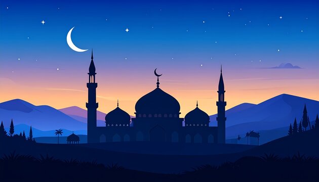Mosque silhouette with crescent moon at dusk. Mountainous background, serene gradient sky, and peaceful landscape