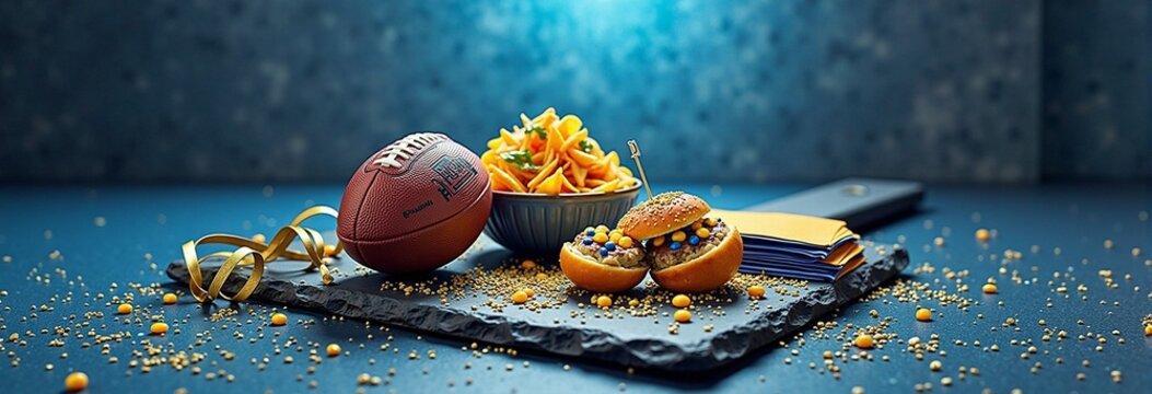 Football game snack setup with burgers and fries on slate platter