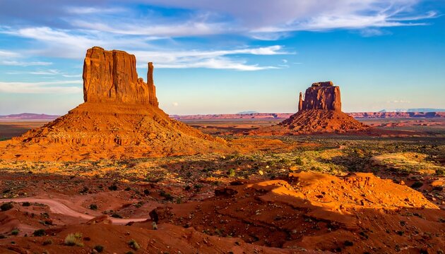 Scenic view of towering red sandstone formations in a desert landscape under a bright, partly cloudy sky