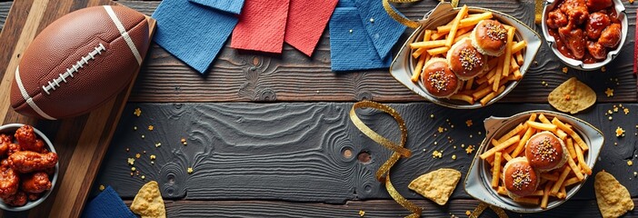 Football game day feast with sliders, chicken wings, and fries on wooden table