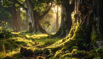 Sunlight filters through mossy trees in a serene, sun-dappled forest scene with lush undergrowth and earthy tones