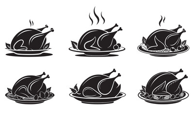 Collection of roasted chicken or turkey silhouettes for holiday meals and culinary design
