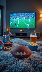 Cozy football game night setup with snacks on the table