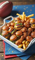 Assorted mini burgers and chicken wings with fries near football on colorful napkins