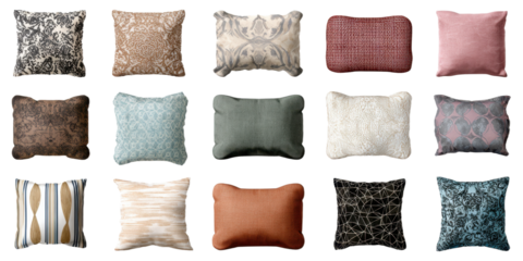 Assortment of decorative throw pillows on a transparent backdrop