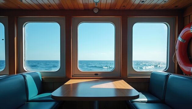 Inside boat cabin, large windows overlook vast blue ocean. Calm waves roll under bright sky. Sunlight shines on wooden table, blue seats. Red life buoy hangs nearby. Relaxing sea journey awaits