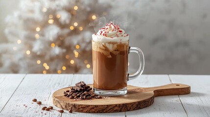 Festive Peppermint Mocha with Whipped Cream and Candy Cane Pieces on Wooden Board 