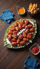 Football-shaped platter with spicy chicken wings and dipping sauces on wooden table
