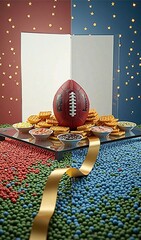 Football-themed snack display with waffles and dips on colorful background