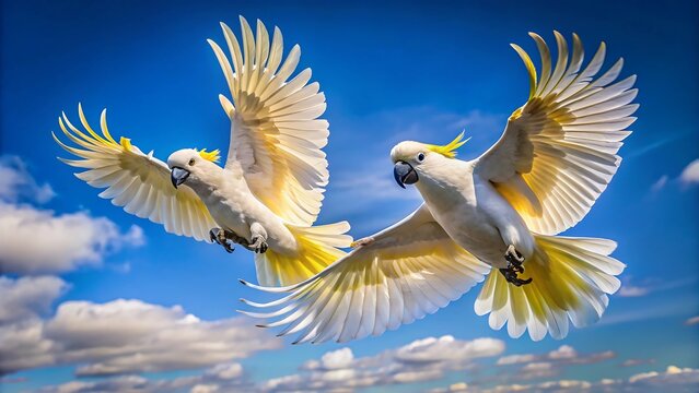 Two sulphurcrested cockatoos flying in a bright blue sky with clouds
