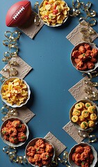 Festive game day snack arrangement with football and appetizers on blue background