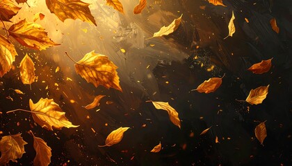 Golden autumn leaves fall gracefully against a dark, textured background with warm, glowing light streaming from above