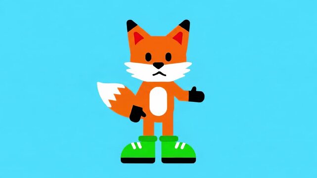 Cartoon fox with green shoes standing against a light blue background